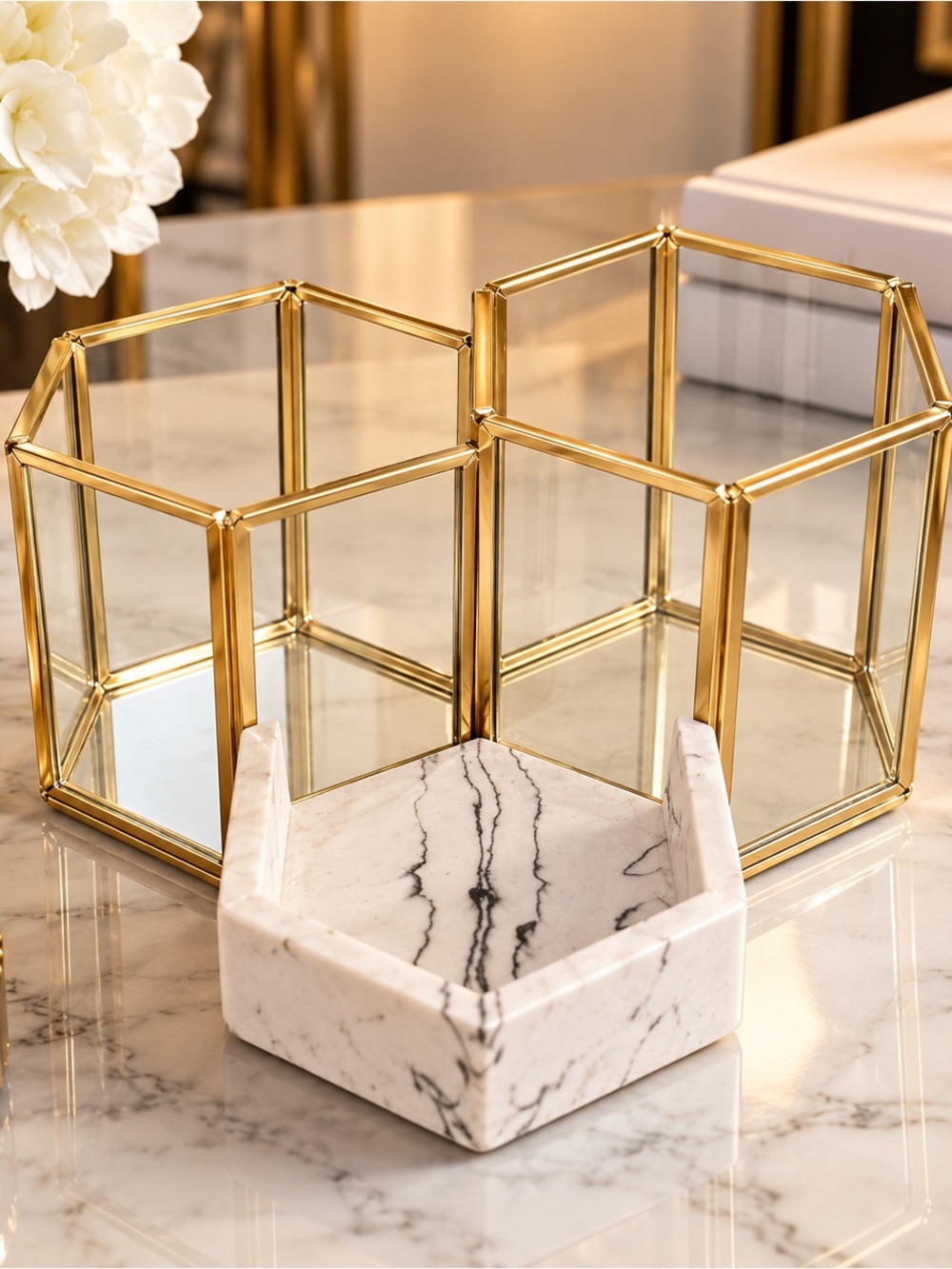 Gold Hexagon Glass & Marble Organizer Set - Decorative Storage